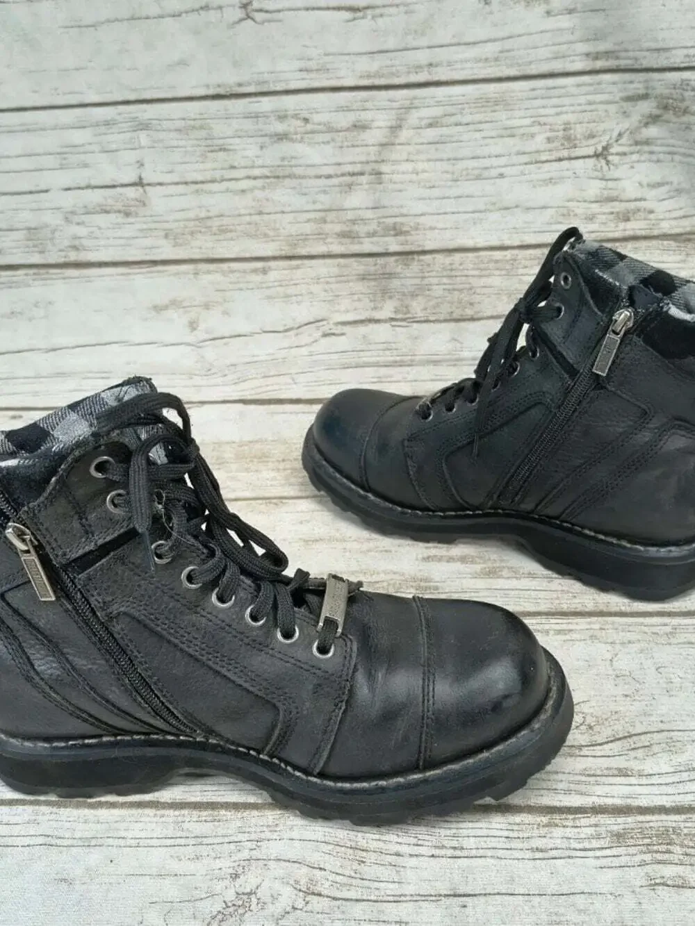 Harley-Davidson Womes Black Leather Plaid Lined Side-Zip Ankle Boots Size US 10
